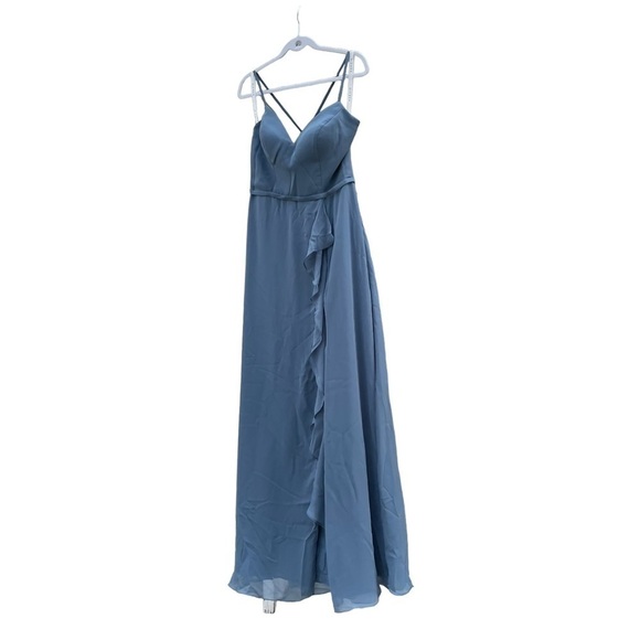 🥒 Azazie NWT Naeem A-Line Maxi Chiffon Bridesmaids Dress Slate Blue Ruffle 10 - Picture 2 of 13